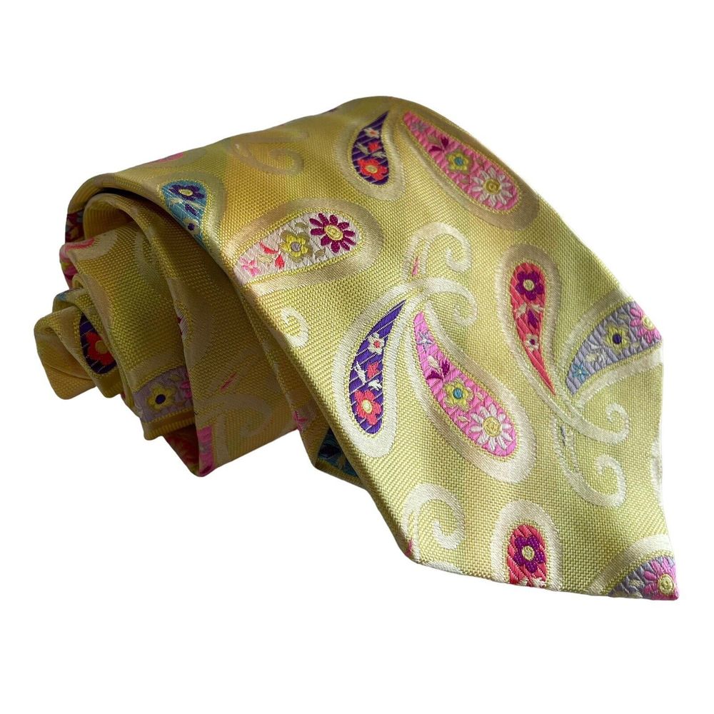 Duchamp London Silk Necktie Yellow Pink Purple Floral Paisley NWT $130
